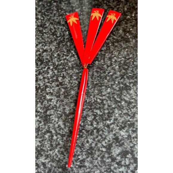 Vtg Japanese Kanzashi Hair Stick Red Hand Painted 3 Fan On Metal Lacquer main image 6